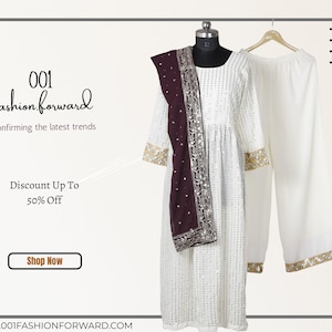 Embroidered Wear White Anarkali Gown With Dupatta 3pc Readymade Gown Flared gown Partywear anarkali Wedding sangeet reception gown