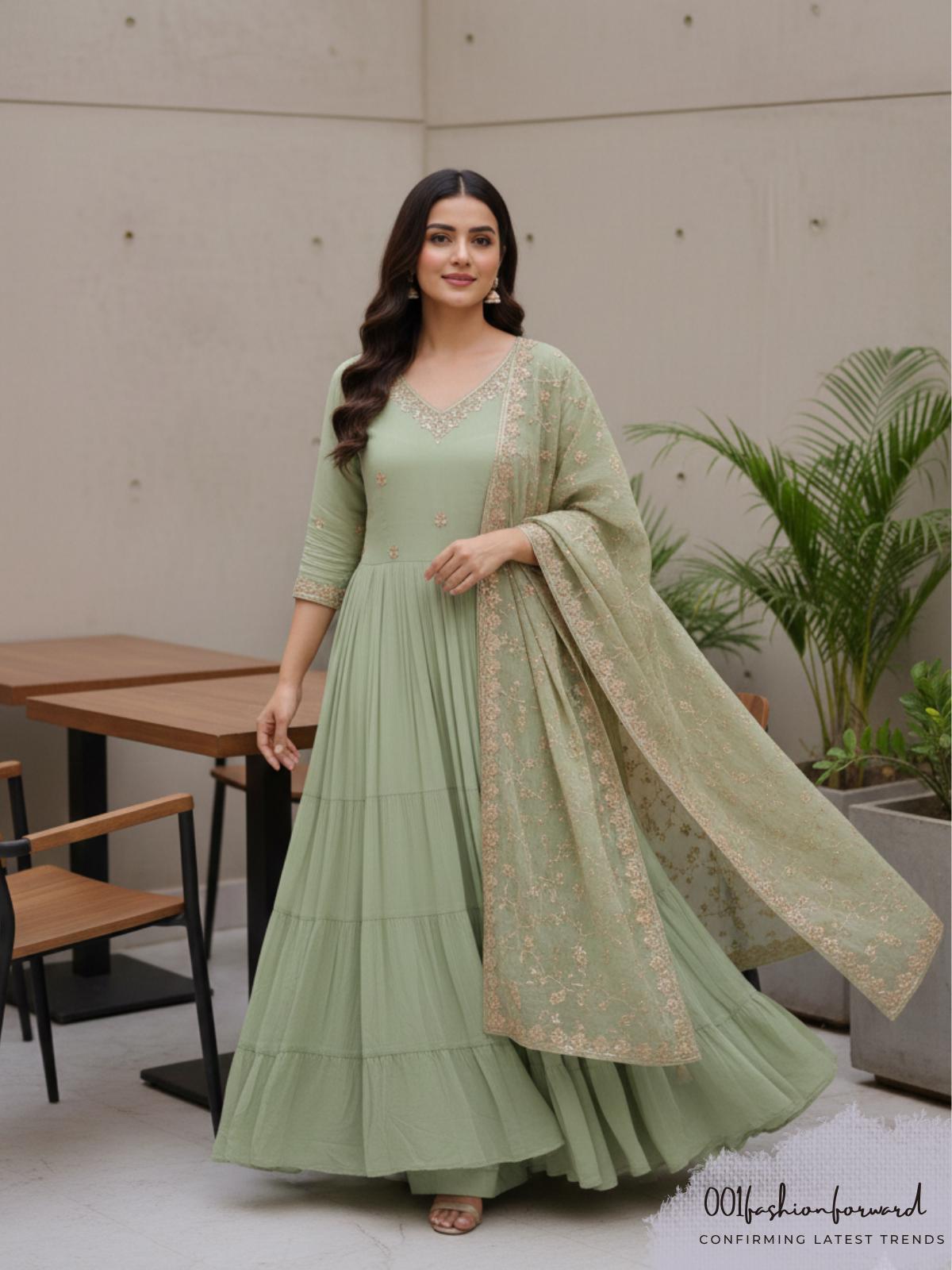green emerald velvet dress Custard Apple- Sage Green Thread Embroidered Mul Chanderi Anarkali Set