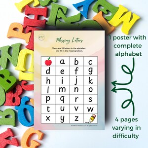 Letras faltantes, reconocimiento del alfabeto, 4 niveles, hojas de trabajo EYFS - KS1, PDF imprimible A4, descarga digital A4
