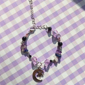 Adjustable bracelet with a moon charm, crystals, amethyst ,witchcore, fashion, witchy, spiritual, purple