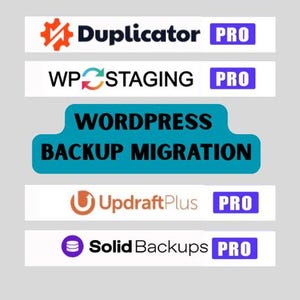 Może przedstawiać: Obraz z logo narzędzi do tworzenia kopii zapasowych i migracji WordPress. Zawiera logo Duplicator Pro, WP Staging Pro, UpdraftPlus Pro i Solid Backups Pro. Turkusowy baner głosi "WordPress Backup Migration."