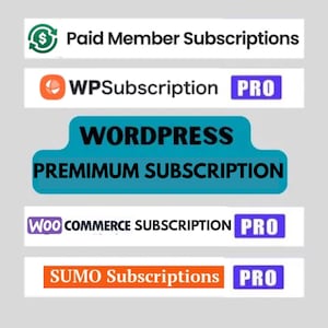 Może przedstawiać: Obraz z kilkoma prostokątnymi grafikami z tekstem. Górna grafika zawiera napis "Paid Member Subscriptions" z zielono-białą ikoną. Inne grafiki to "WPSubscription PRO", "WORDPRESS PREMIUM SUBSCRIPTION", "Woo COMMERCE SUBSCRIPTION PRO" i "SUMO Subscriptions PRO".