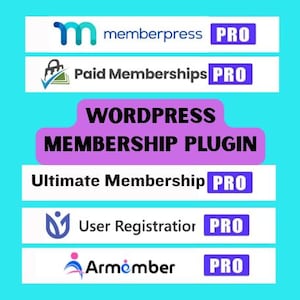 Könnte beinhalten: Ein türkisfarbener Hintergrund mit weißen Rechtecken, die die Namen von WordPress-Mitgliedschafts-Plugins anzeigen. Der Text "WORDPRESS MEMBERSHIP PLUGIN" befindet sich in einem lila Banner. Zu den Plugin-Namen gehören Memberpress, Paid Memberships, Ultimate Membership, User Registration und Armember.