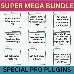 Paquete de plugins Super Mega Pro para WordPress: 9 plugins premium: WooCommerce, ACF, inicio de sesión OTP, reseñas, modo oscuro (descarga instantánea)