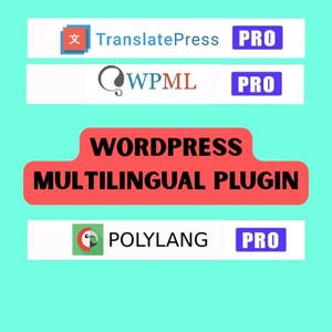 以下が含まれることがあります： 明るいターコイズブルーの背景に、赤いバナーで「WordPress Multilingual Plugin」のテキストが表示されています。その下に、TranslatePress、WPML、Polylangのロゴがあり、それぞれに「PRO」のラベルが付いています。