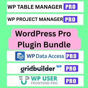 以下が含まれることがあります： WordPress Pro Plugin Bundleを宣伝するグラフィック。画像は、明るい緑色の背景にテキストを表示しています。テキストには、「WP TABLE MANAGER PRO」、「WP PROJECT MANAGER PRO」、「WordPress Pro Plugin Bundle」、「WP Data Access PRO」、「gridbuilder WP PRO」、および「WP USER FRONTEND PRO」が含まれています。