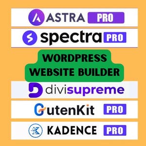 以下が含まれることがあります： Astra Pro、Spectra Pro、DiviSupreme、GutenKit Pro、Kadence Proなど、ウェブサイトビルダーのロゴが掲載された画像。中央の緑色のバナーには「WORDPRESS WEBSITE BUILDER」と書かれています。