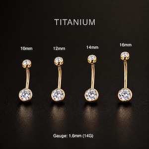 Piercing para ombligo de oro de 14G, piercing para ombligo de titanio, piercing para ombligo de oro y plata, joyería para ombligo con circonita cúbica de 10 mm, 12 mm, 14 mm y 16 mm.