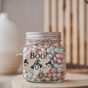 Etiquetas de recuerdo de fantasmas de Halloween: Decoración vintage de fiesta espeluznante (plantilla imprimible y editable)