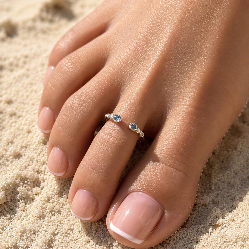 Bubble Stone Toe Ring, 925 Sterling Silver Dual End Blue CZ Open Toe ...
