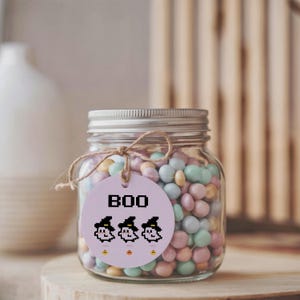 Etiqueta para tarro de fantasmas de píxeles: etiqueta para recuerdo de fiesta de Halloween, plantilla imprimible y editable, descarga instantánea