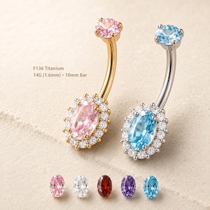 14G CZ Belly Button Ring, Colorful Gemstone Navel Ring, Gold Silver Belly Ring, 10mm Titanium Belly Button Jewelry