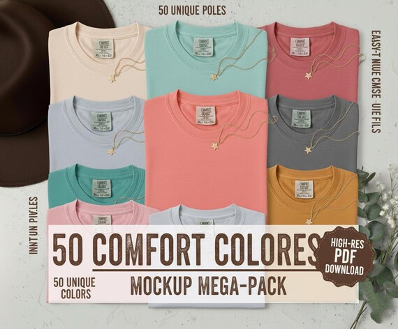 50 Comfort Colors 1717 Flatlay T-shirt Mockup Bundle, C1717 Flatlay Mockup Bundle, Folded Tee Mockup, Garment dyed Unisex t-shirt Mockup.