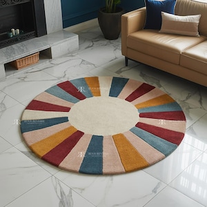 Hand Tufted Round Sunburst Rug – Colorful  Circle Carpet, Modern Abstract Geometric Living Room Rug, Bedroom carpet, Kitchen and Dining Rug