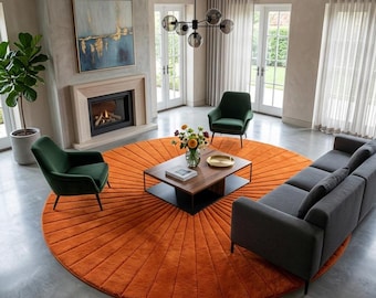 Round Sunburst Area Rug — Carved Ray Design, Modern Retro Boho Decor, Rust Orange Tufted Wool Carpet