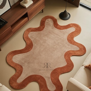 Handmade Tufted Rug, Irregular Puddle Shape, Terracotta Rust Beige, Abstract Wavy Wool Carpet, Organic Modern Floor Mat