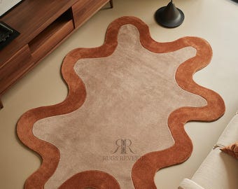 Handmade Tufted Rug, Irregular Puddle Shape, Terracotta Rust Beige, Abstract Wavy Wool Carpet, Organic Modern Floor Mat