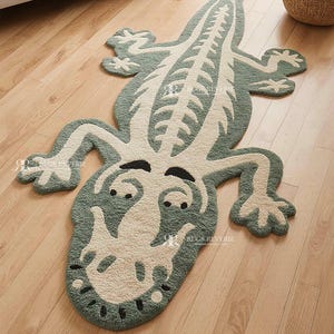 Crocodile Shaped Hand Tufted Wool Rug – Fun Animal Carpet for Kids Bedroom, Playroom or Nursery – Playful Custom Size Animal Shaped Rug