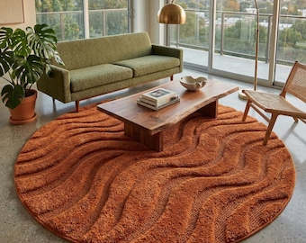 Round Wavy Orange Area Rug — Plush Shag 3D Textured Swirl Design Carpet, Modern Boho Decor Rust Orange Tufted Wool Accent