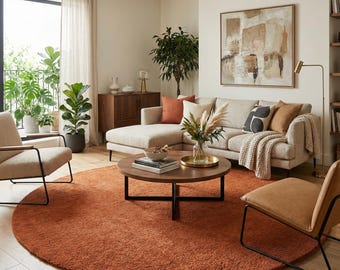Round Solid Orange Area Rug — Cozy Minimalist Circle Accent, Modern Boho Decor, Tufted Wool Carpet