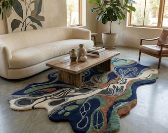 Abstract Fluid Shape Handmade Tufted Rug, Navy Blue Moss Green Rug, Topographical Map Art Rug, Boho 3D Textured Carpet, Custom Floor Mat