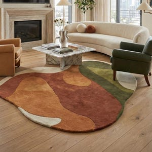 Abstract Irregular Shape Handmade Tufted Rug, Terracotta, Moss Green Rug, Mid Century Modern Pond Carpet, Modern Organic Boho Floor Mat