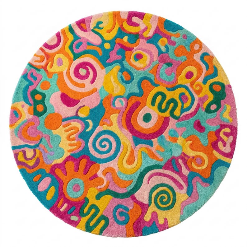 Vibrant pink teal orange round doodle hand tufted wool rug on light wood floor in a maximalist bright living room.