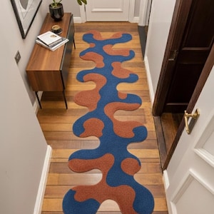 Abstract Black Wavy Runner Rug, Hand-Tufted Wool, Irregular Organic Shape Hallway Accent Rug, Custom Dark Monochrome Decor image 7