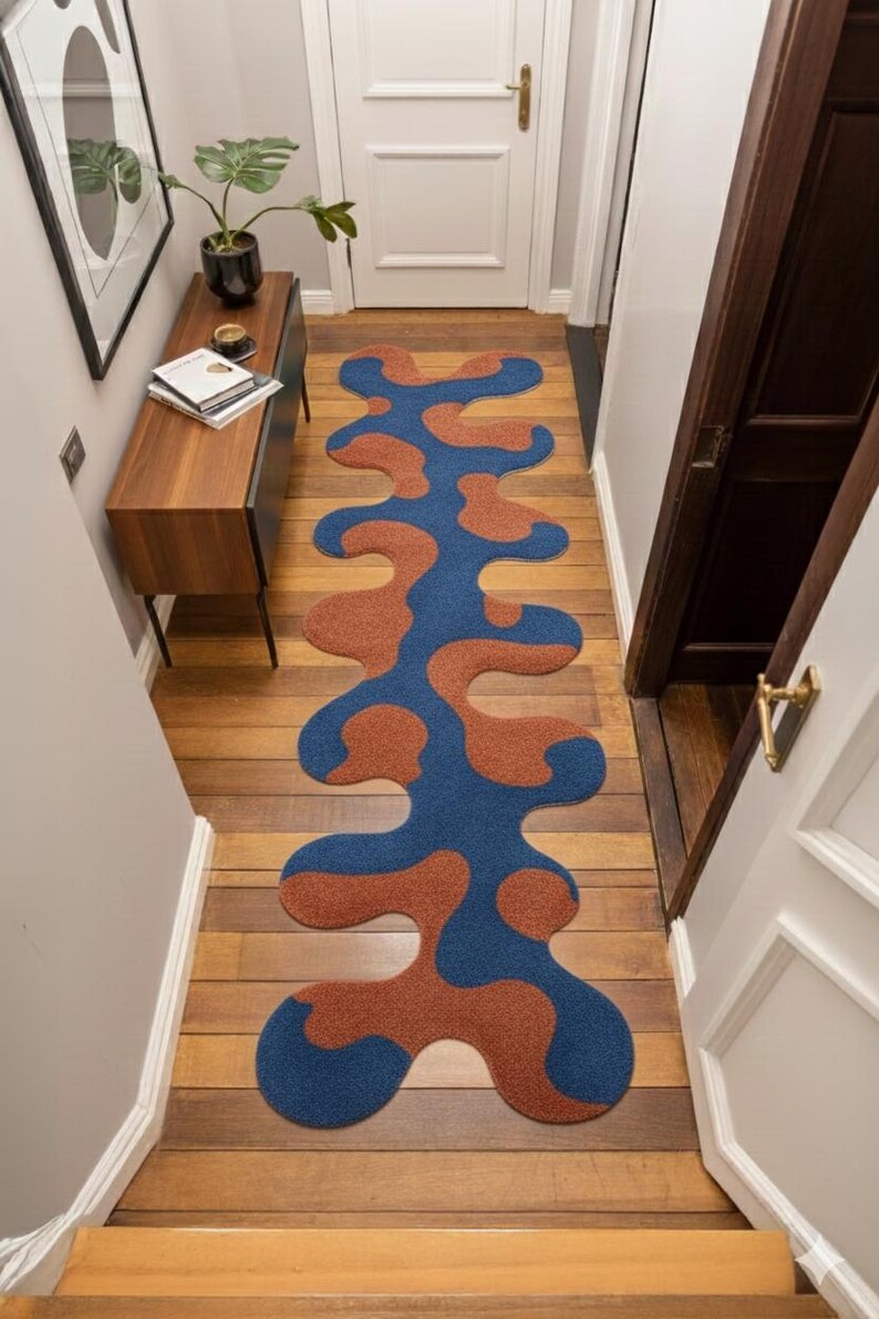 Abstract Black Wavy Runner Rug, Hand-Tufted Wool, Irregular Organic Shape Hallway Accent Rug, Custom Dark Monochrome Decor image 7