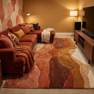 Può includere: Un soggiorno con un divano angolare color ruggine, cuscini e un tappeto fantasia. Il tappeto presenta un design astratto nelle tonalità del marrone, dell'arancione e del beige. Un mobile TV in legno e una lampada da terra completano lo spazio caldo e accogliente.