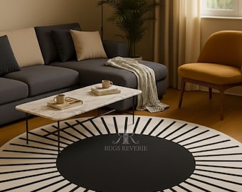 Black and White Sunburst Round Rug 3ft 4ft 5ft – Hand-Tufted Wool Carpet – Modern circle Minimalist Decor for Living Room in More Colors