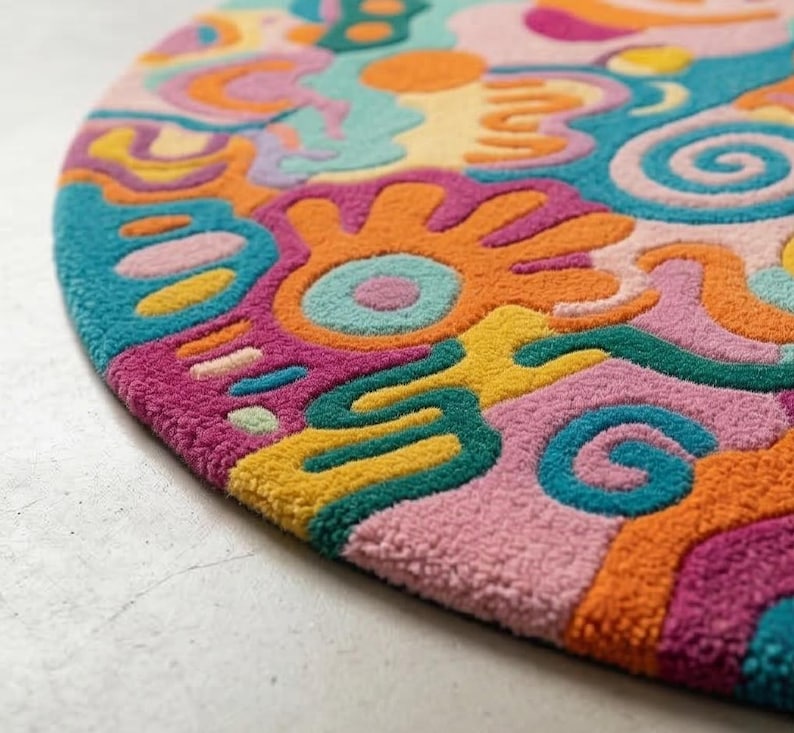 Vibrant pink teal orange round doodle hand tufted wool rug on light wood floor in a maximalist bright living room.