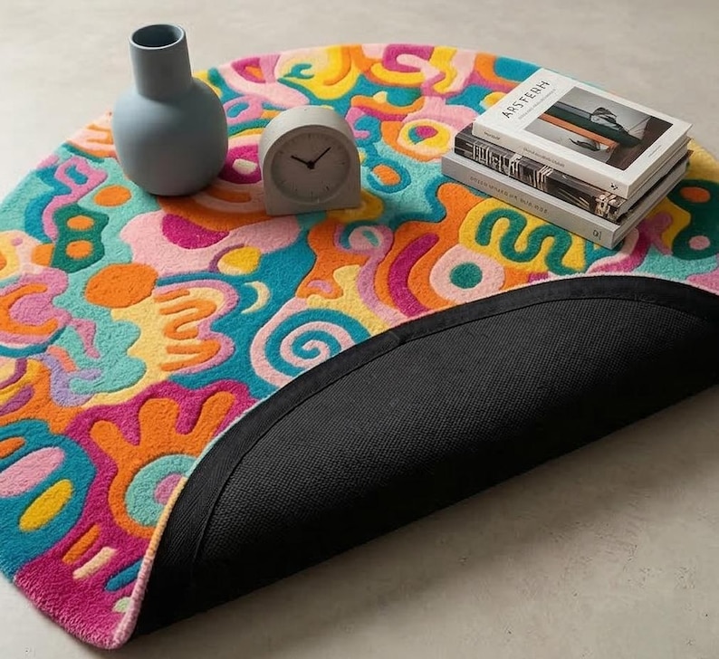 Vibrant pink teal orange round doodle hand tufted wool rug on light wood floor in a maximalist bright living room.