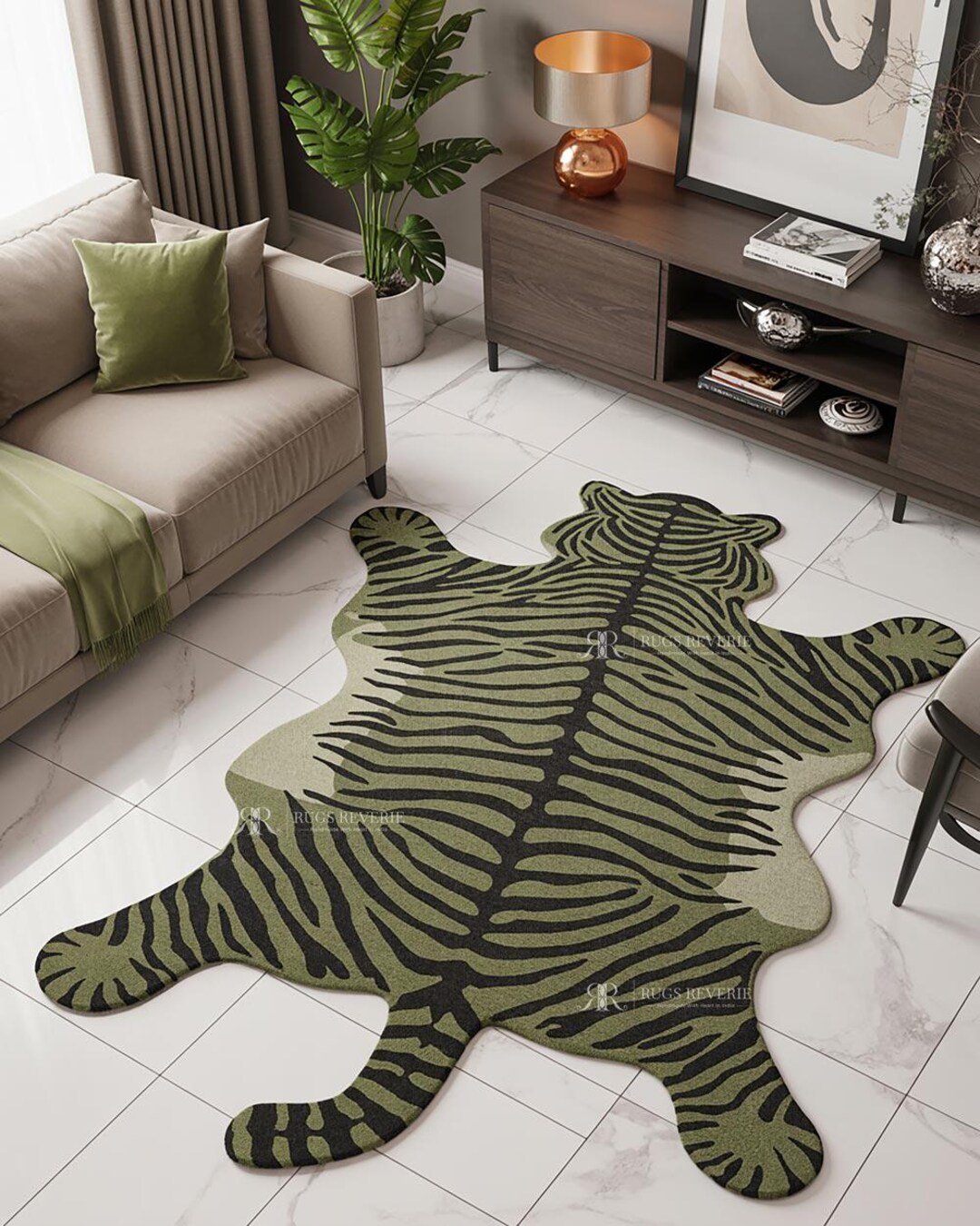 Hand Tufted Green Tiger Print Wool Rug – Irregular Animal Shape - Etsy