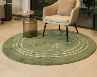Alfombra redonda de lana tejida a mano / Alfombra minimalista verde salvia