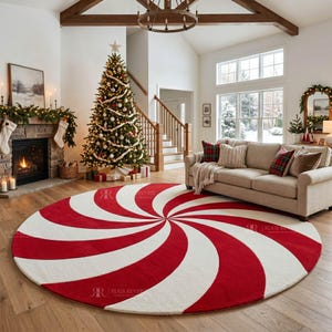 Peppermint Swirl Rug, Festive Holiday Rug, Round Candy Cane Rug, Red and White Circle Carpet, Cozy Living Room Rug