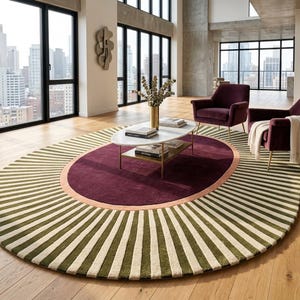 Maroon Beige & Olive Green Oval Area Carpet, Mid Century modern Geometric Rug , Luxury Hand Tufted 8x10 9x12 Wool Living Room Rug