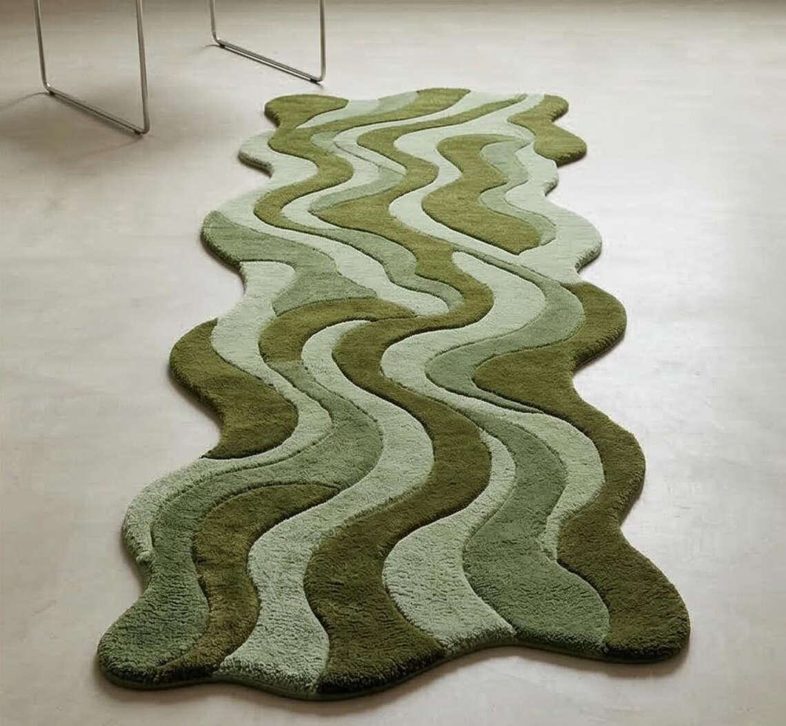 Sage Green Modern Biophilic Wavy Runner Hand Tufted Wool Carpet, Olive ...