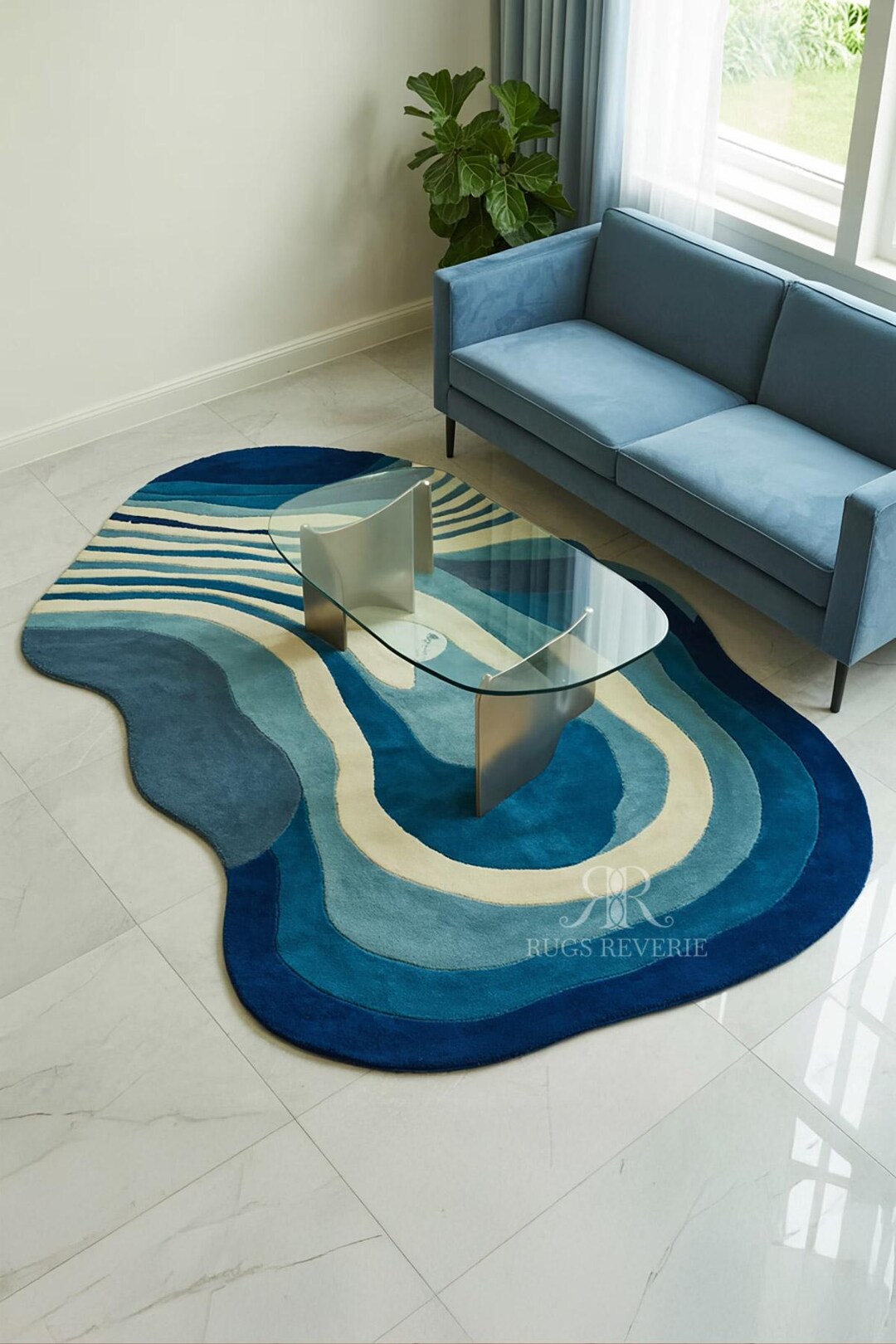 Handmade Abstract Blue Wool Rug | Modern Organic Wavy Carpet - Etsy