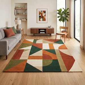 Alfombra geométrica con bloques de color, alfombra moderna de mediados de siglo, alfombra grande de forma abstracta, alfombra verde óxido crema para la sala de estar o la decoración de la oficina.