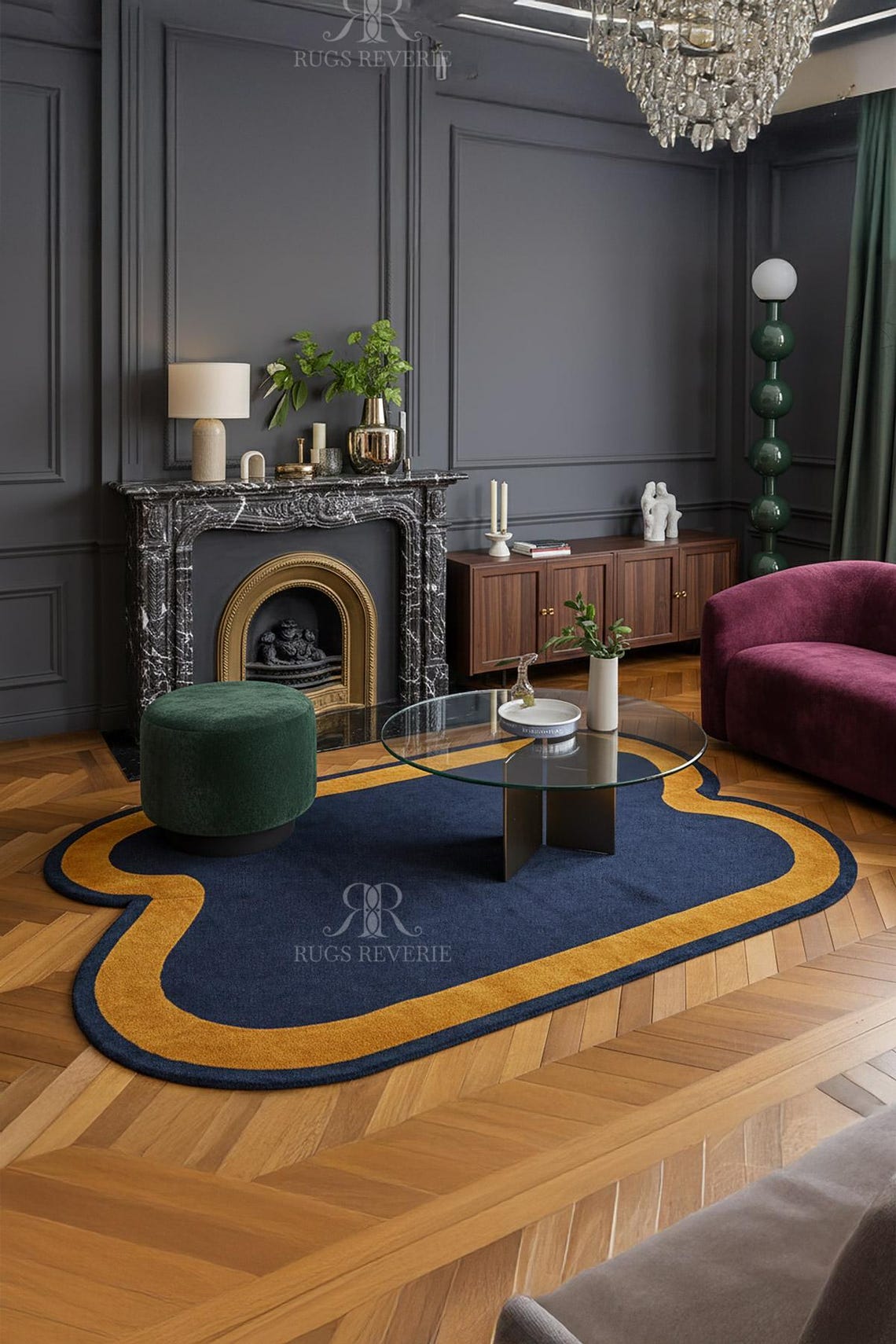 Modern Abstract Navy Blue Rug – Hand Tufted Wool Carpet – Irregular ...
