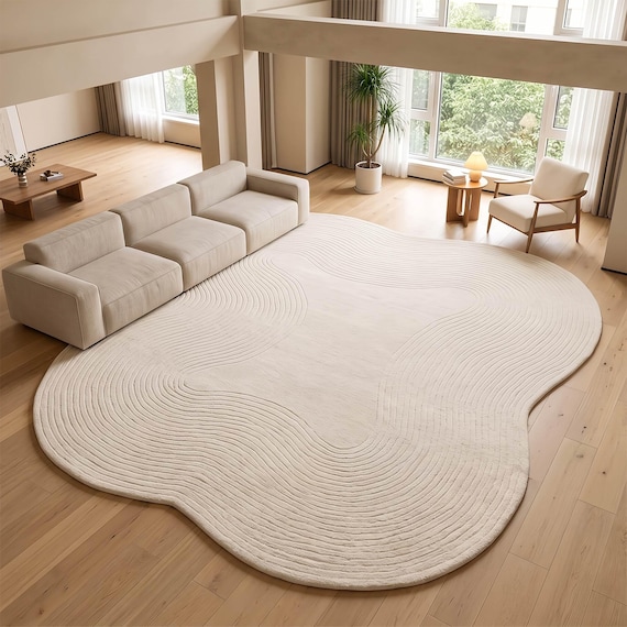 Japandi High Low Textured Rug– Minimal Wavy Line Area Carpet, Modern Living Room Irregular Shape Rug in Custom Color
