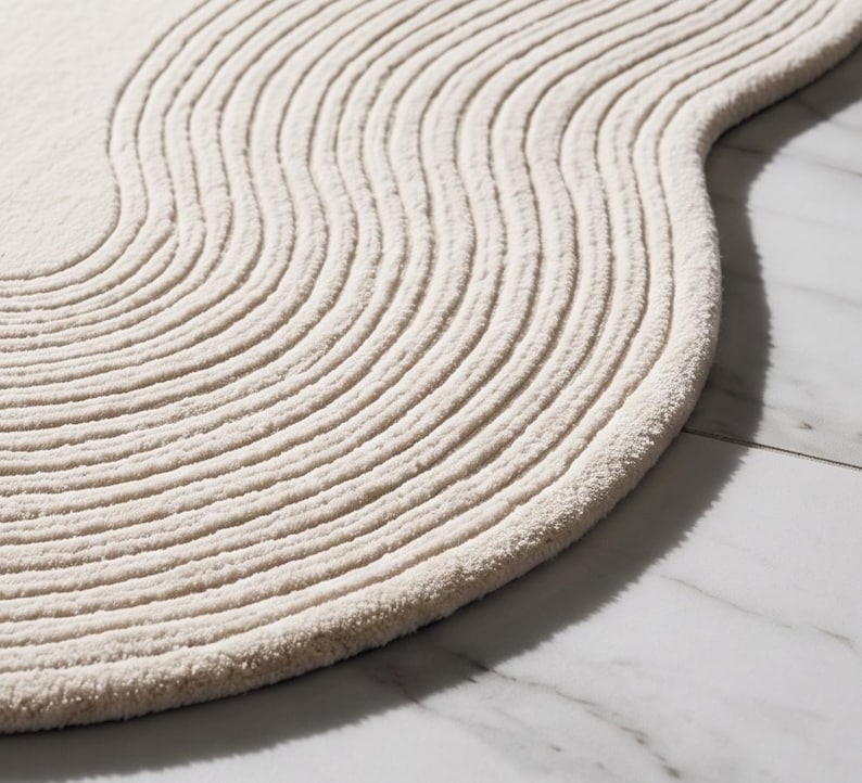 May include: An off-white area rug with a soft, textured surface featuring a series of raised, parallel, wavy lines that follow the curved, organic shape of the rug's edge, creating a rhythmic pattern across the entire fabric surface.