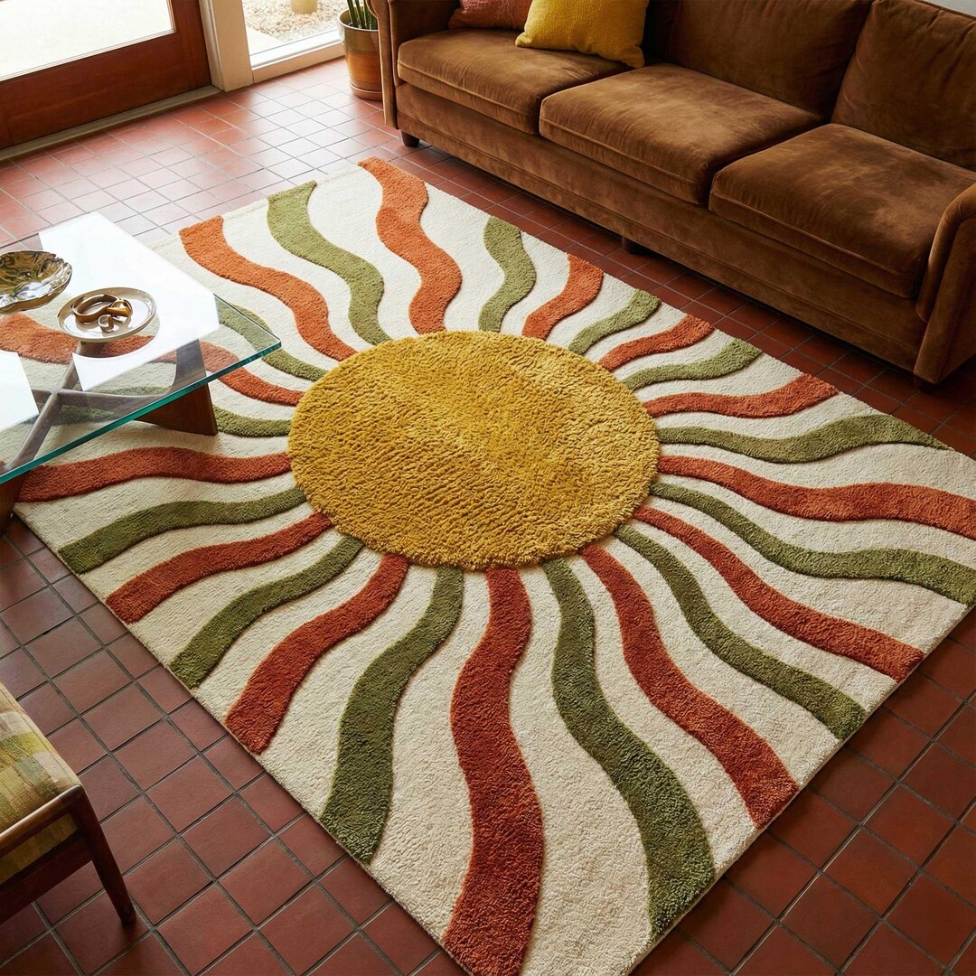 Retro Sunburst Shag Area Rug • Mid Century Modern Sunshine Carpet ...