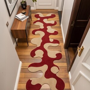 Abstract Black Wavy Runner Rug, Hand-Tufted Wool, Irregular Organic Shape Hallway Accent Rug, Custom Dark Monochrome Decor image 9