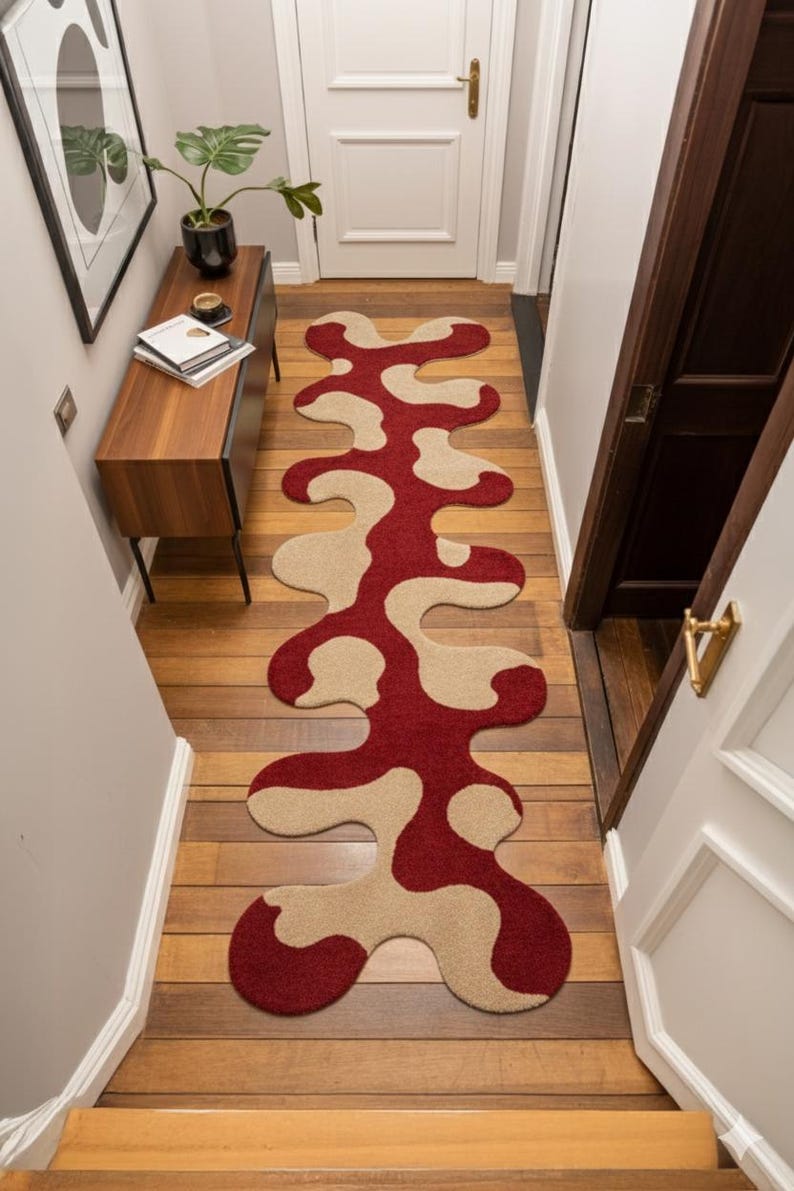 Abstract Black Wavy Runner Rug, Hand-Tufted Wool, Irregular Organic Shape Hallway Accent Rug, Custom Dark Monochrome Decor image 9