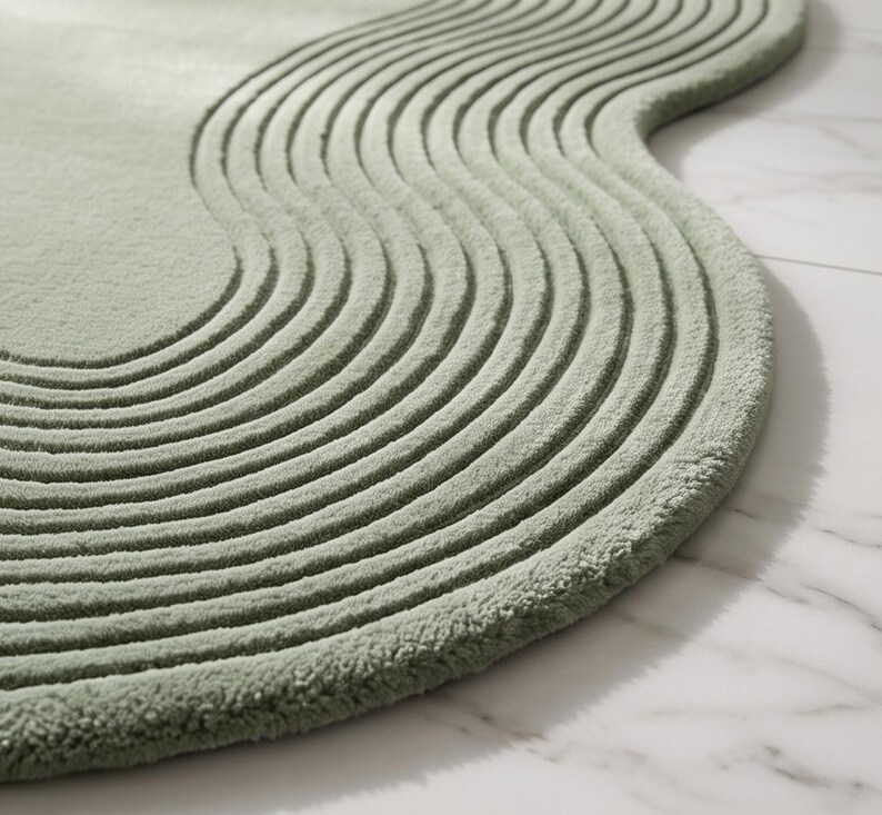 May include: A sage green area rug with an irregular, organic shape featuring a series of concentric, raised wavy lines that follow the curved perimeter of the piece, creating a textured, layered appearance across the entire surface.