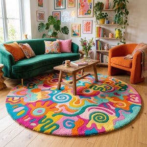 Rainbow Maximalist Round Doodle Rug | Hand Tufted Wool Carpet | Pink Teal Orange Rug For Living Room Kid's Room Nursery Decor