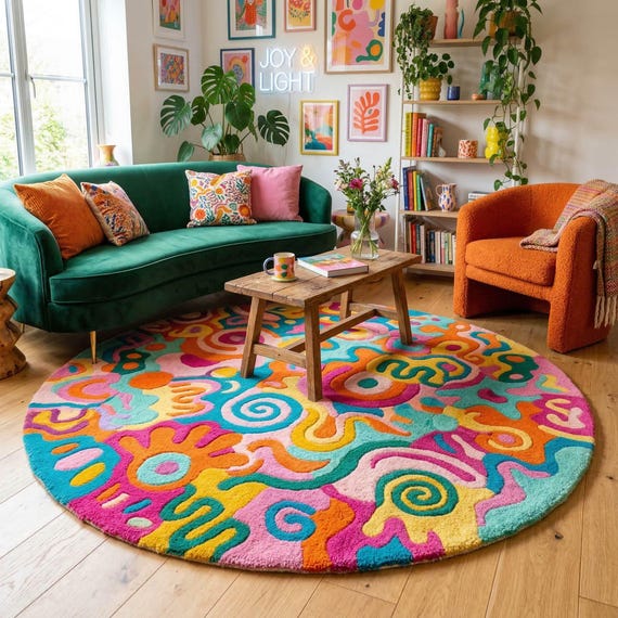 Rainbow Maximalist Round Doodle Rug | Hand Tufted Wool Carpet | Pink Teal Orange Rug For Living Room Kid's Room Nursery Decor