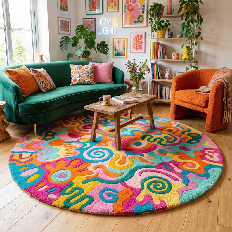 Vibrant pink teal orange round doodle hand tufted wool rug on light wood floor in a maximalist bright living room.